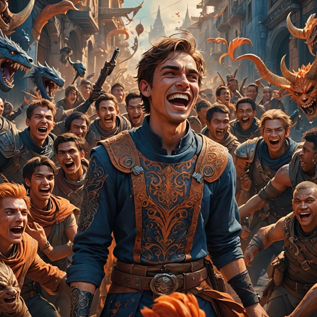 Mocking Defiance: A Young Man's Stand in Fantasy Art