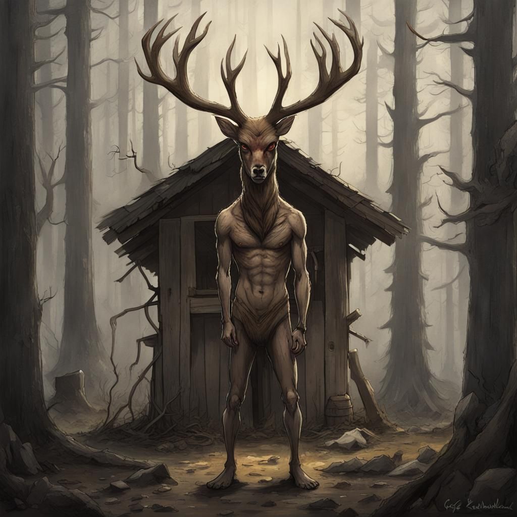Deer-Man in Forest Hut, Digital Art
