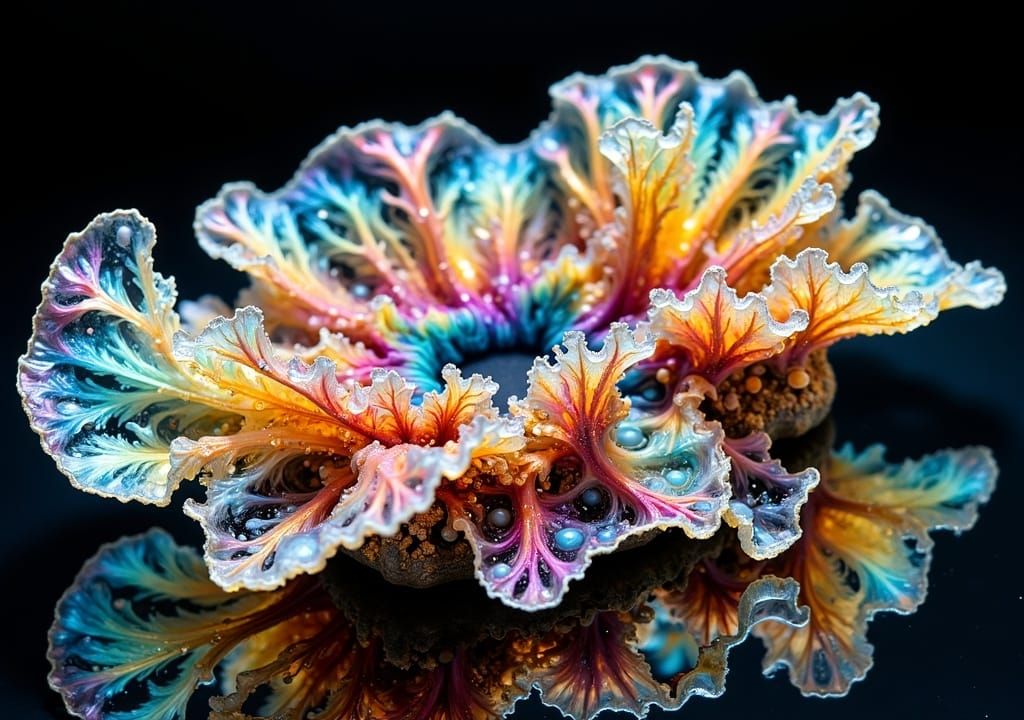 Crystal Coral Fractal on Glass Table in 3D