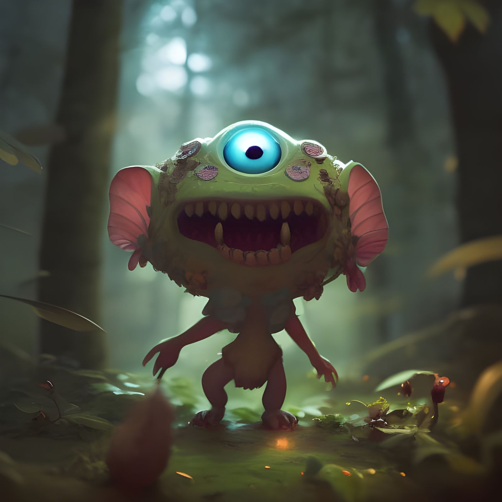 Adorable Monster Portrait in Forest, Digital Art