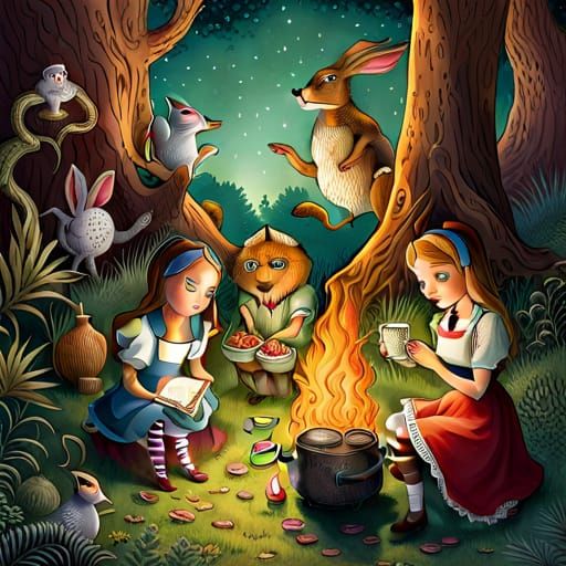 Alice's Whimsical Campfire Tea Party in Wonderland