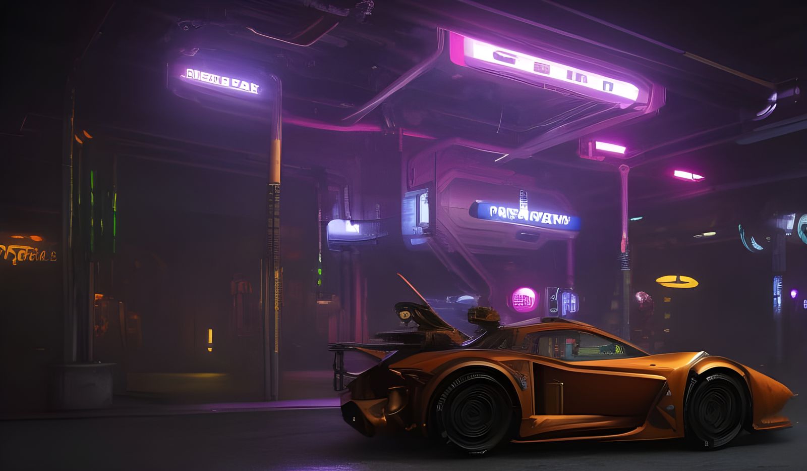 Steampunk Car at Gas Station in Futuristic City