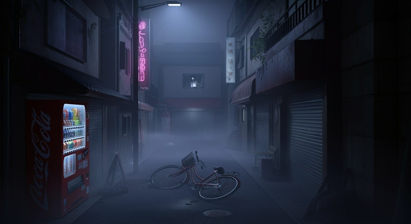 Japanese Street Scene in Heavy Fog