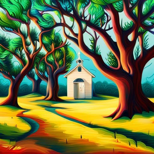 Coastal Chapel Amidst Live Oaks in Graffiti Art Style
