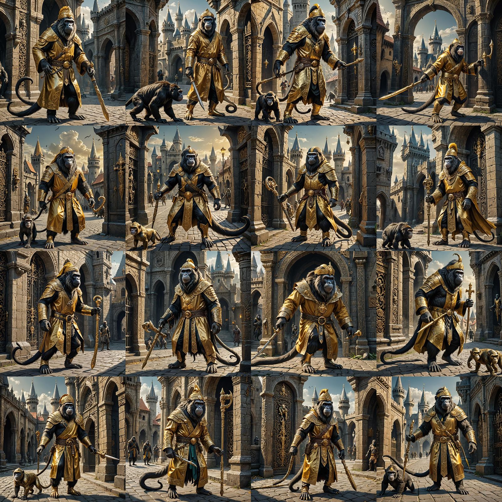 Monkey-Gorilla Hybrid Guarding Medieval City in Detailed Mat...