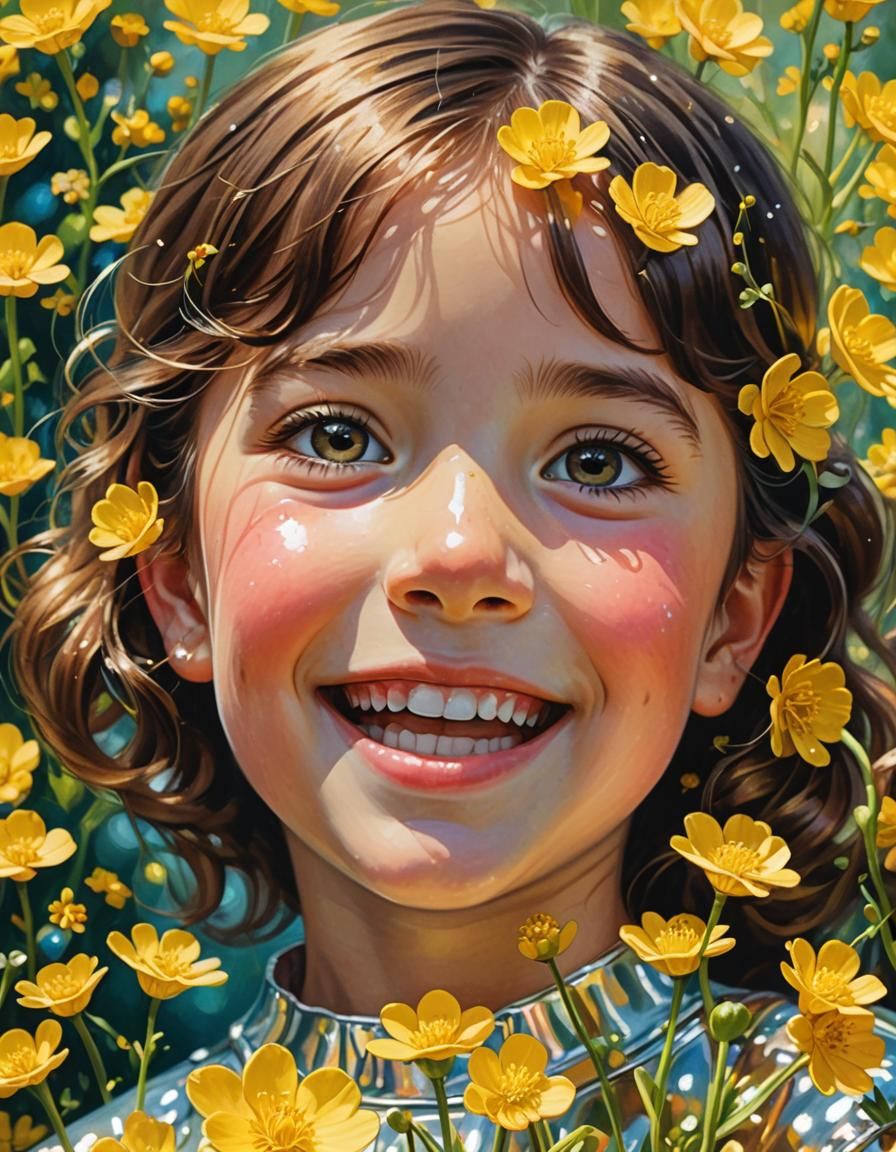 Child with Iridescent Buttercups, Gouache Illustration