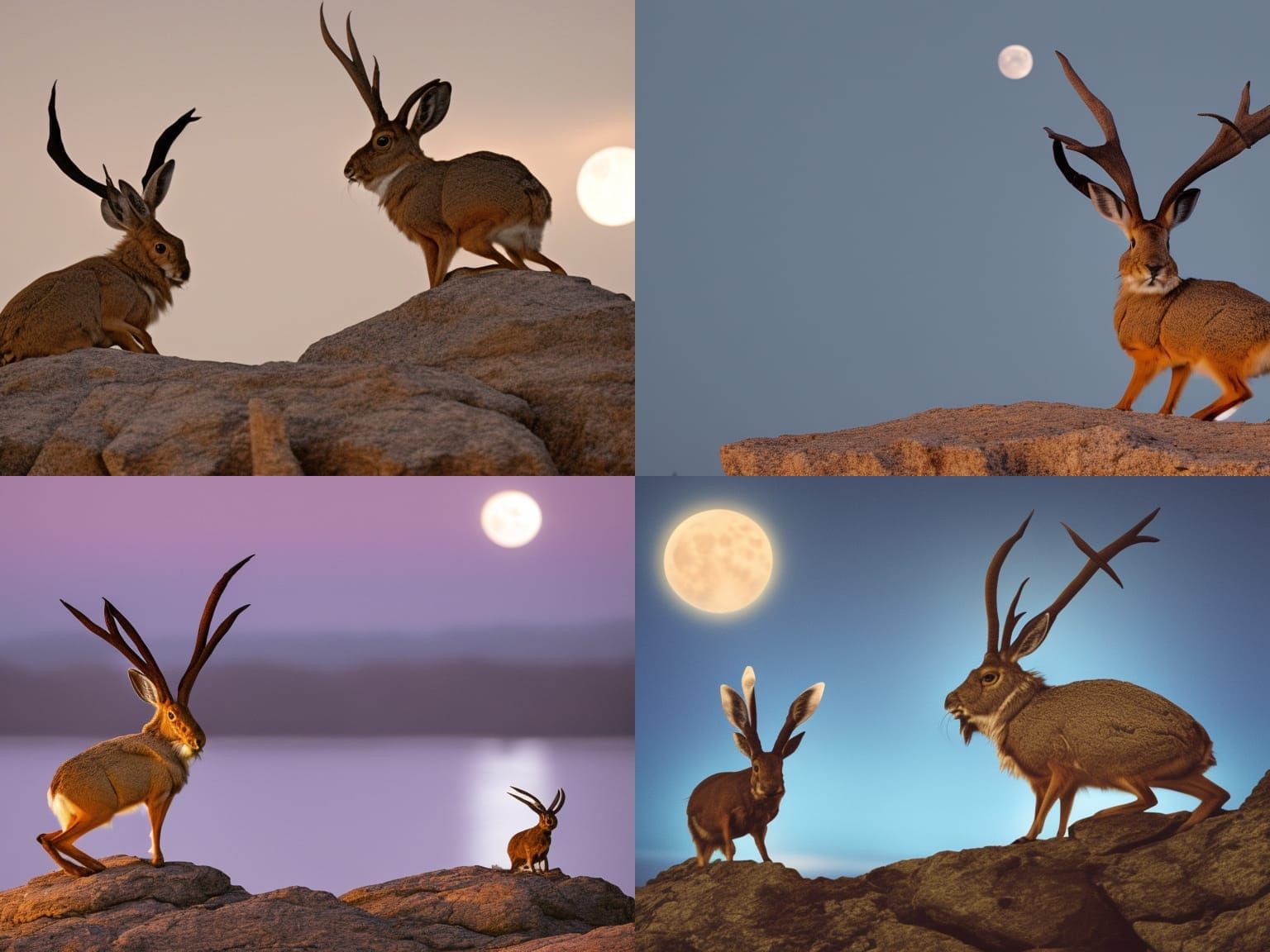 Jackalope Howling at Moon on Rocky Outcrop