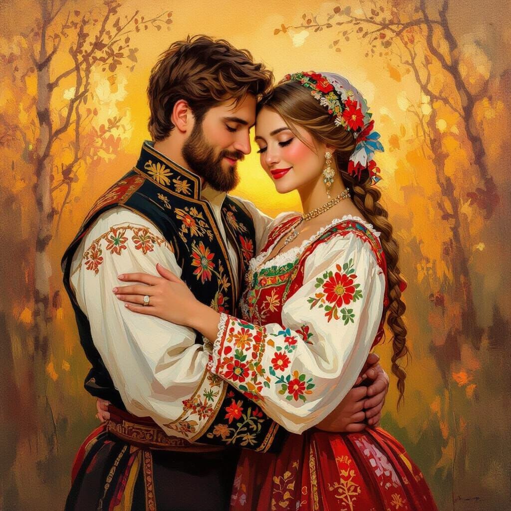 Romantic Couple in Traditional Russian Folk Clothing