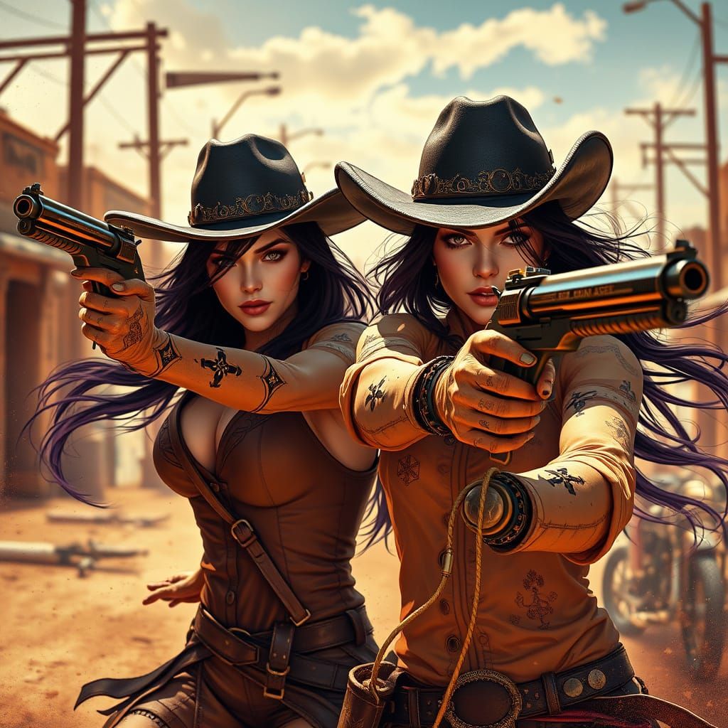 two cowgirls fighting in the desert street