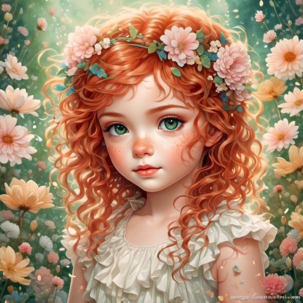 Whimsical 3D Girl with Red Hair and Flowers