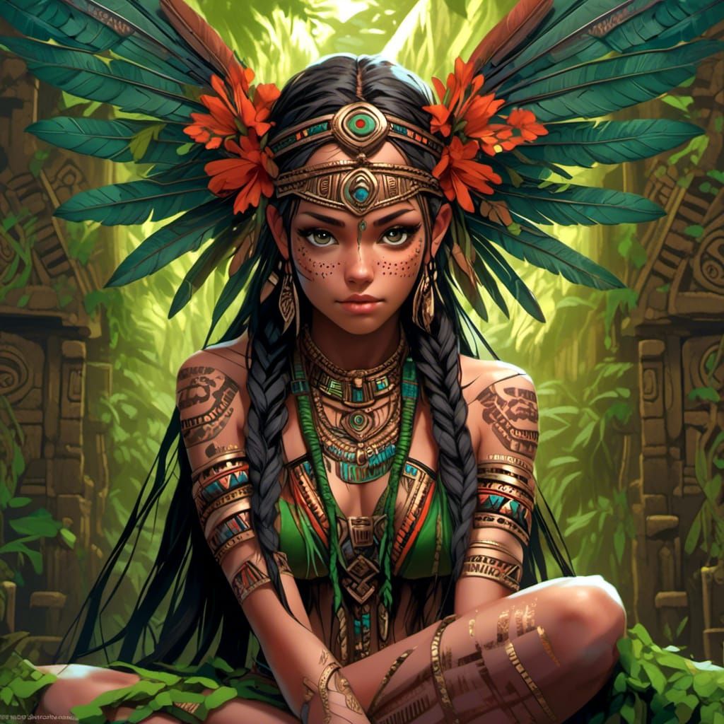 Aztec Priestess with Filigree Wings, Digital Painting