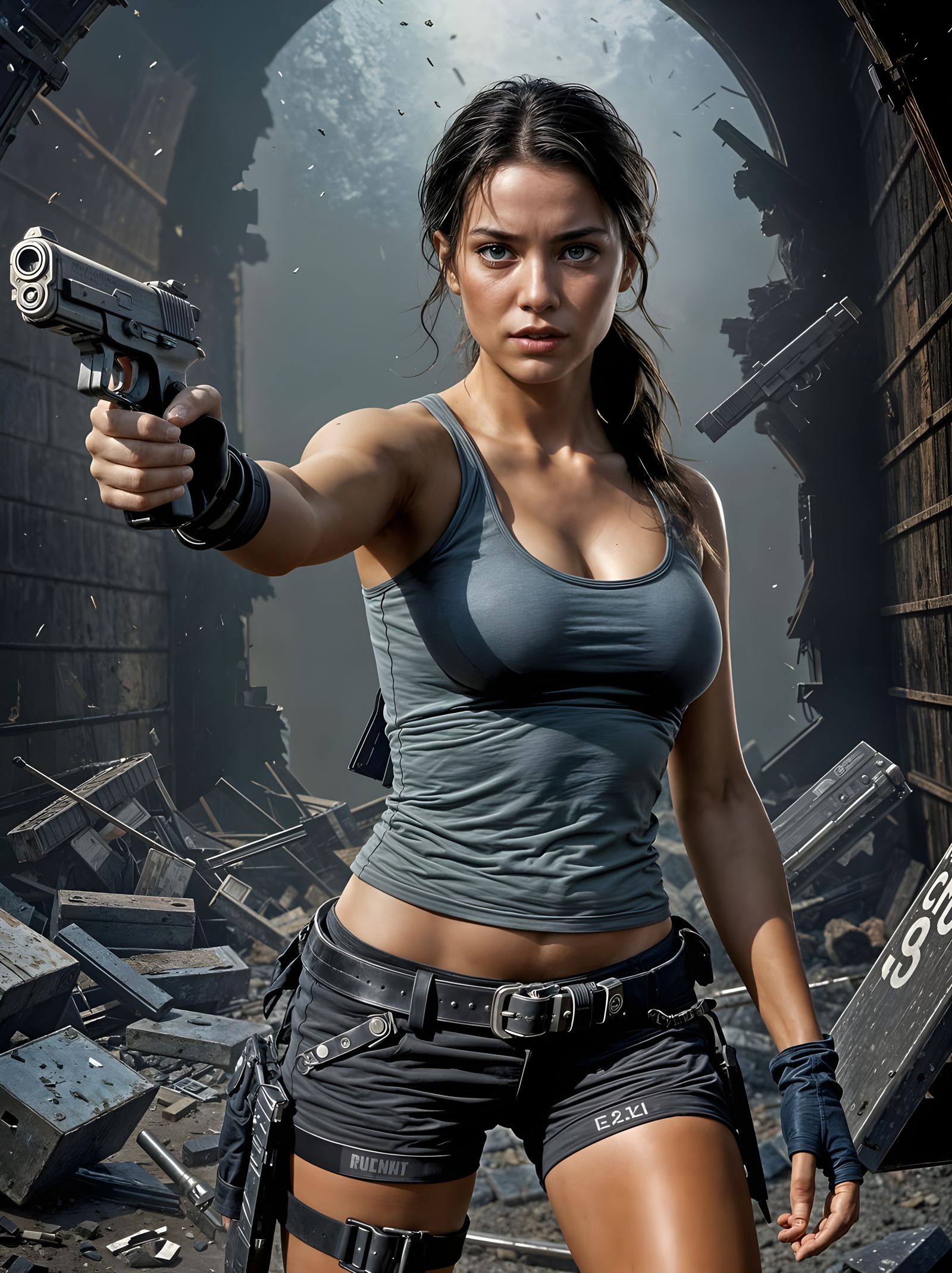 Strong Woman Aims Handgun in Abandoned Ruins