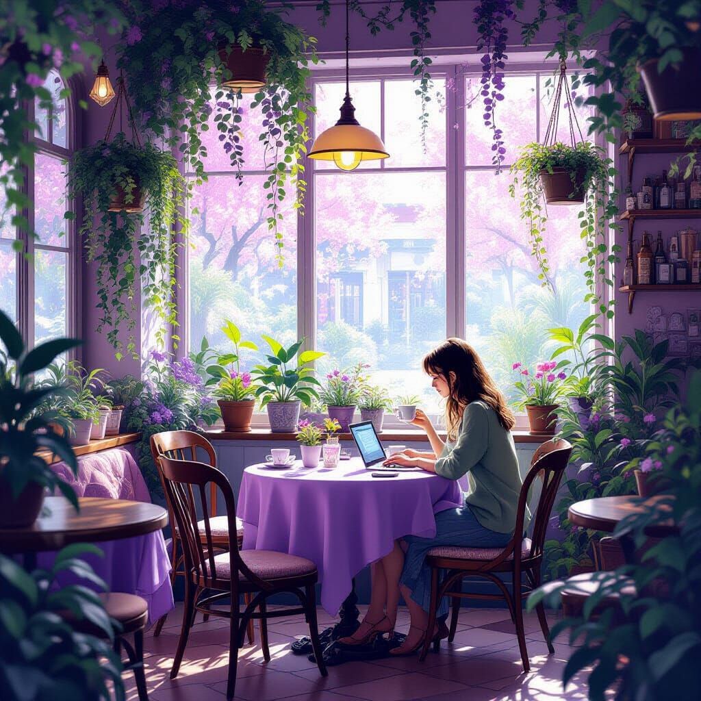 Enchanted Pastel Cafe With Lush Greenery