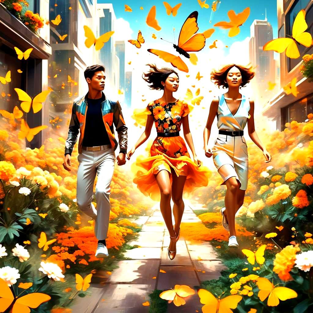 Utopian Garden Scene in Space with People and Butterflies