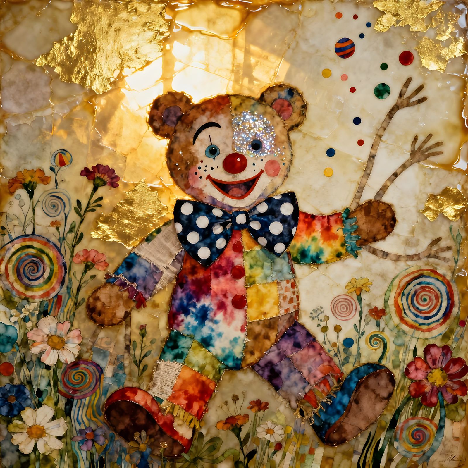 Bear Clown in Wildflower Field, 1960s Hippie Art Style
