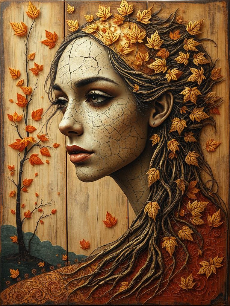Surreal Woman Rises from Autumn Landscape with Golden Roots