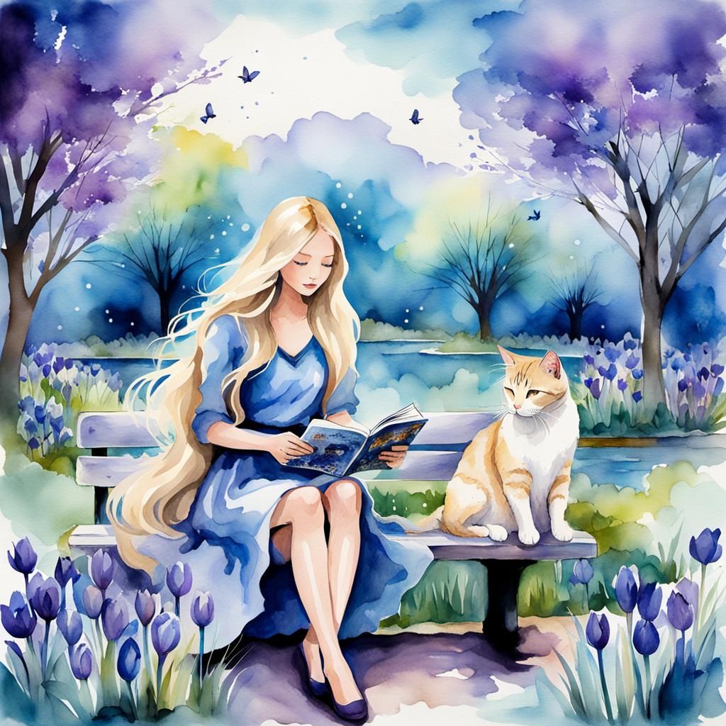 Elegant Woman Reading in Magical Park: Watercolor Art
