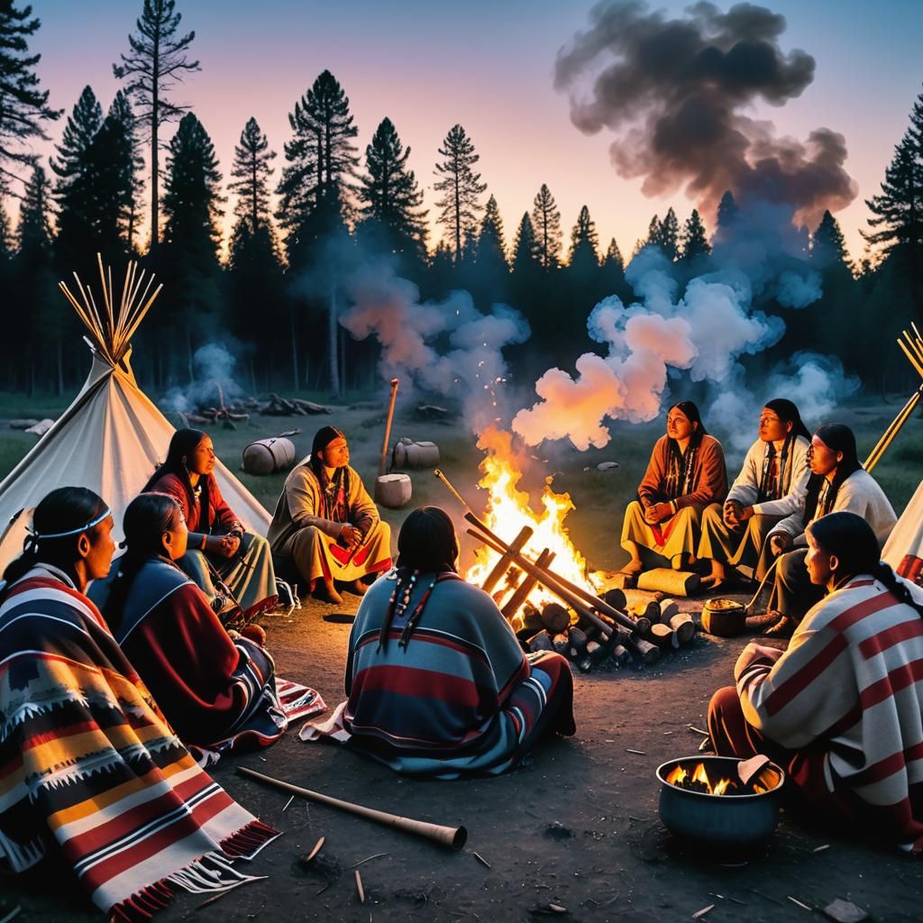 Native Americans at Dusk Campfire Ceremony