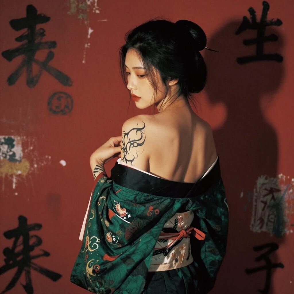 Enchanting Asian Woman in Kimono with Runic Tattoos