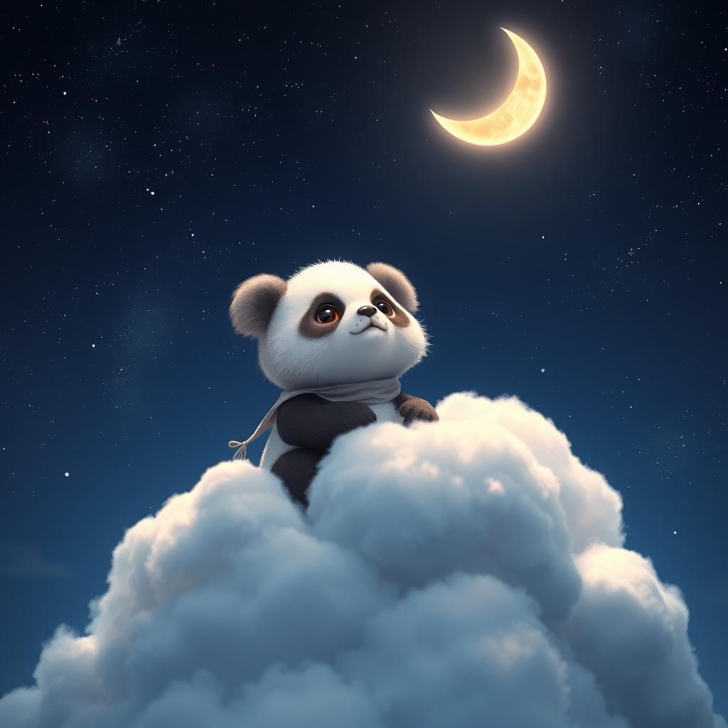 Panda Cub on Cloud Gazing at Starry Sky
