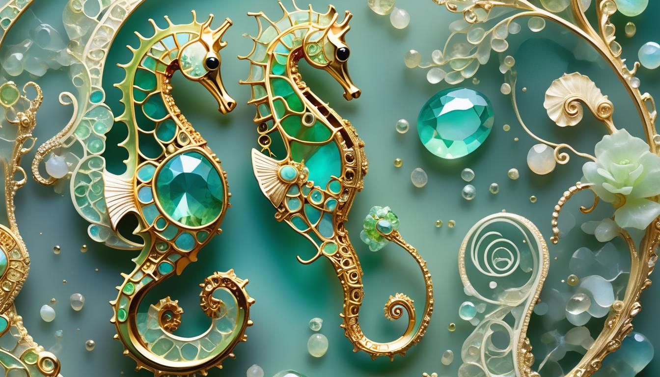 Cubist Seahorse with Gold Filigree and Cosmic Scales