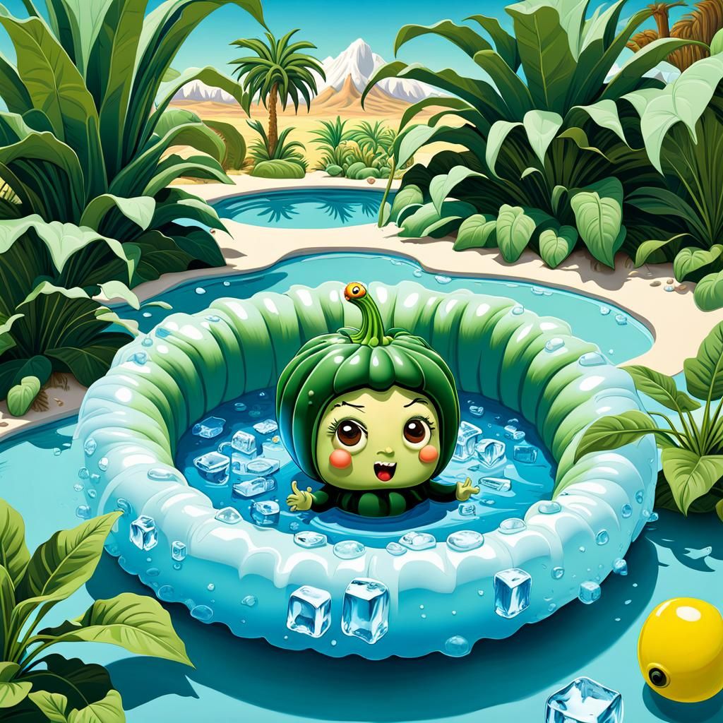 Cartoon Zucchini Surrealism in Oasis Scene