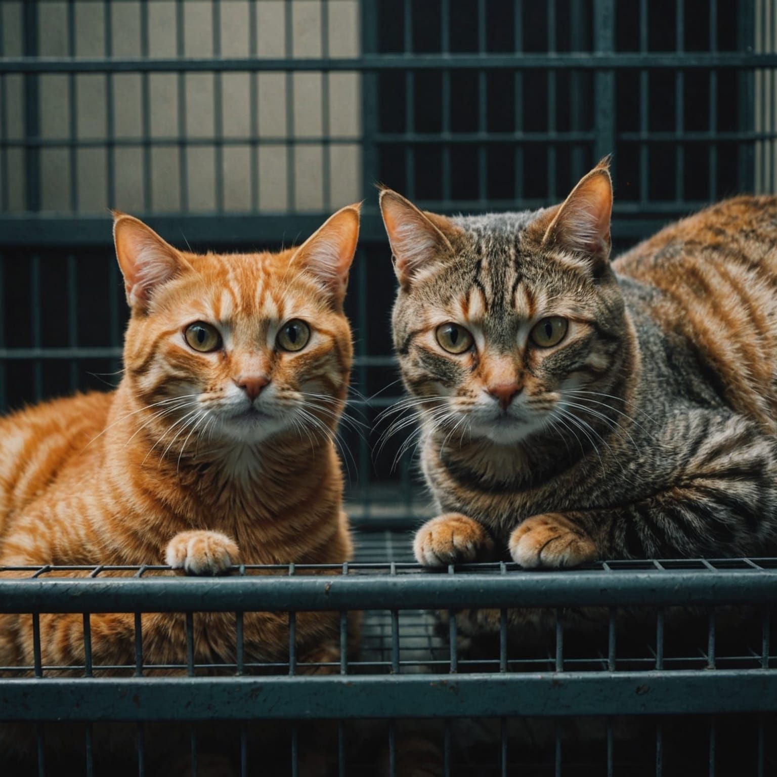 Cinematic Still of Tabby Cats in Cage