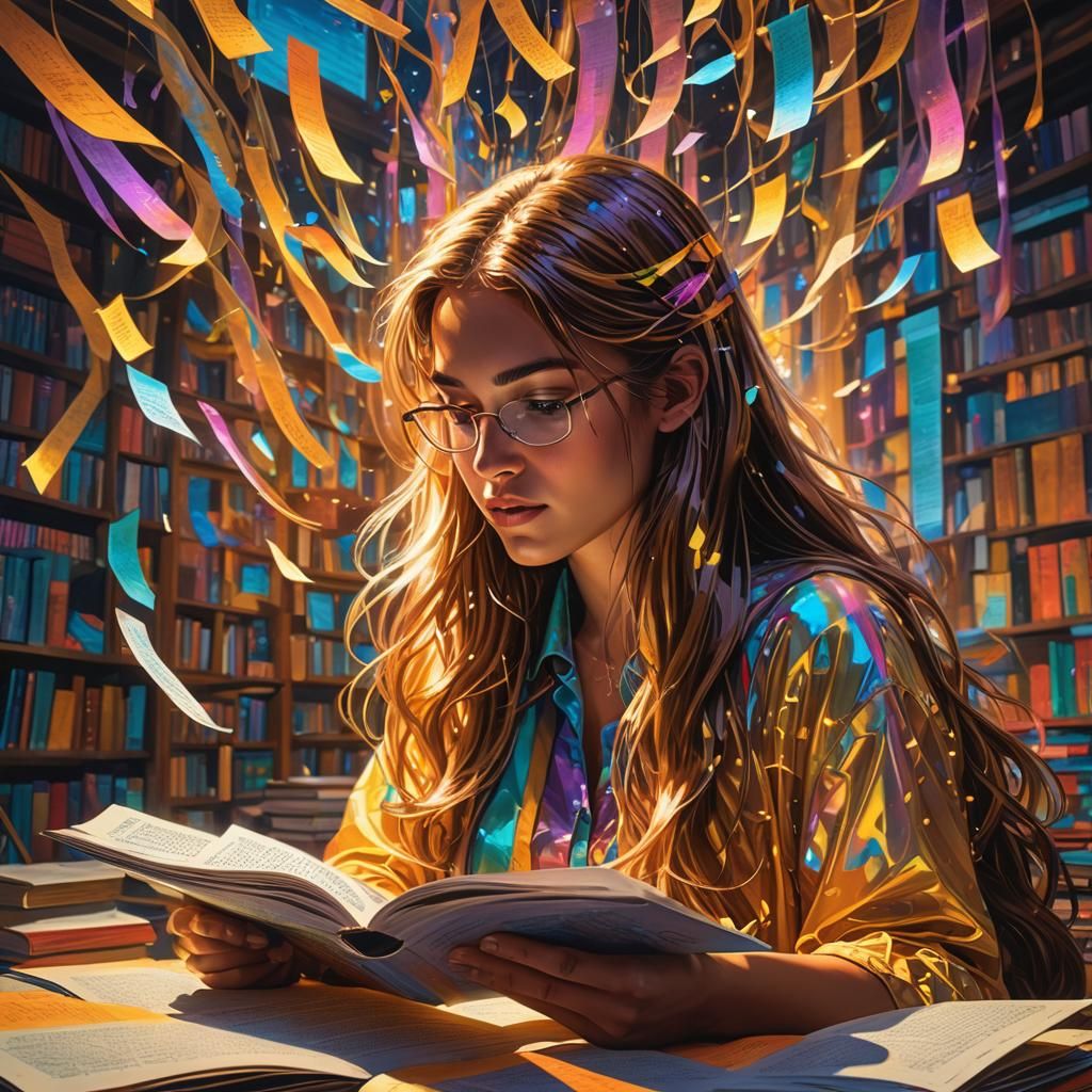 Pop Art Girl Studies Amidst Floating Pages