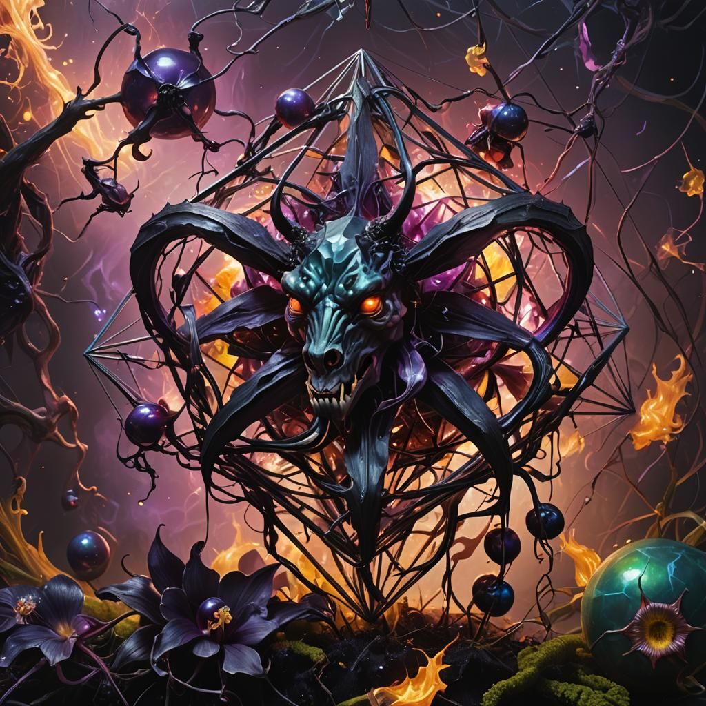 Icosahedron Baphomet Devoured by Black Orchid in Surreal Oil...