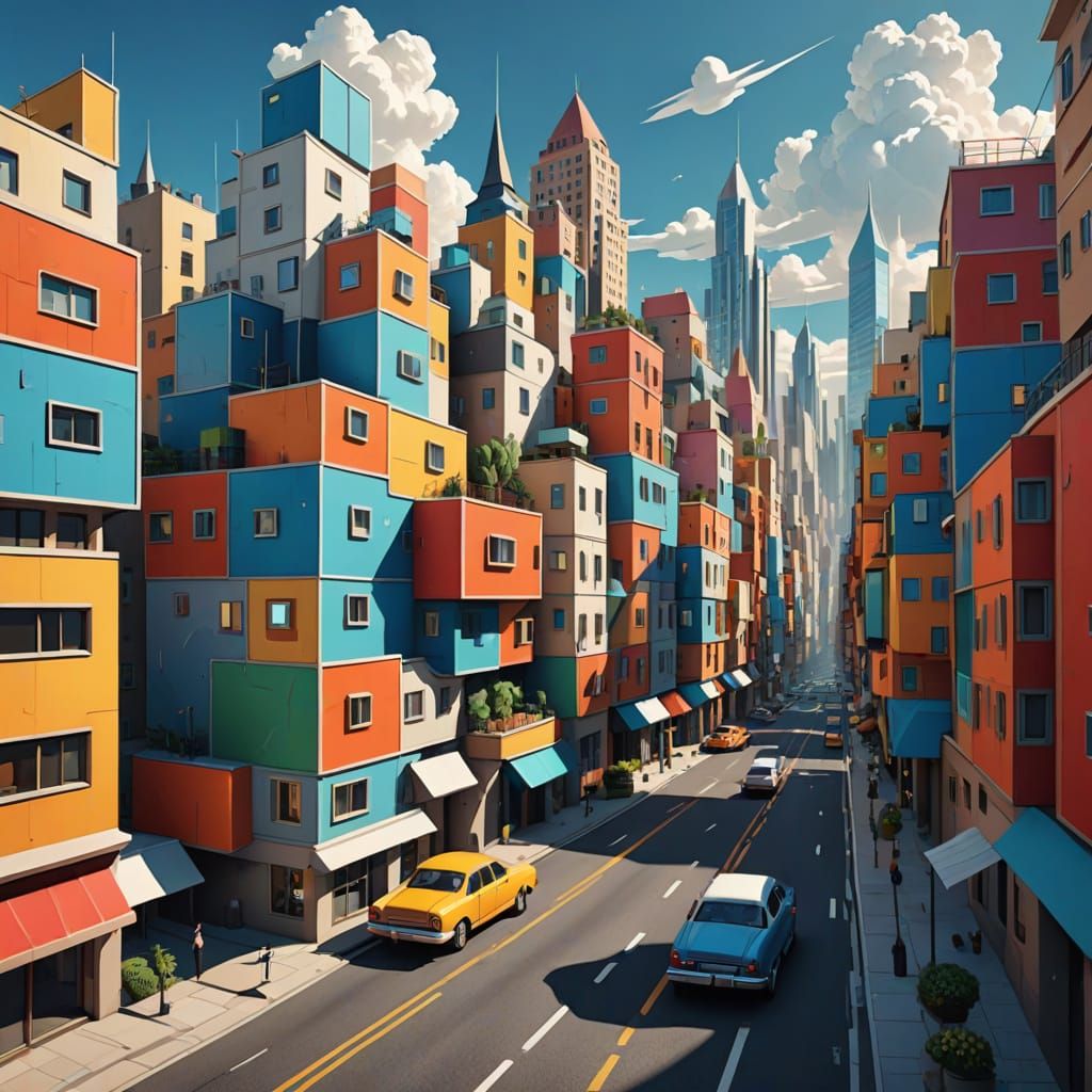 Geometric Cityscape in Vibrant Cubist Style