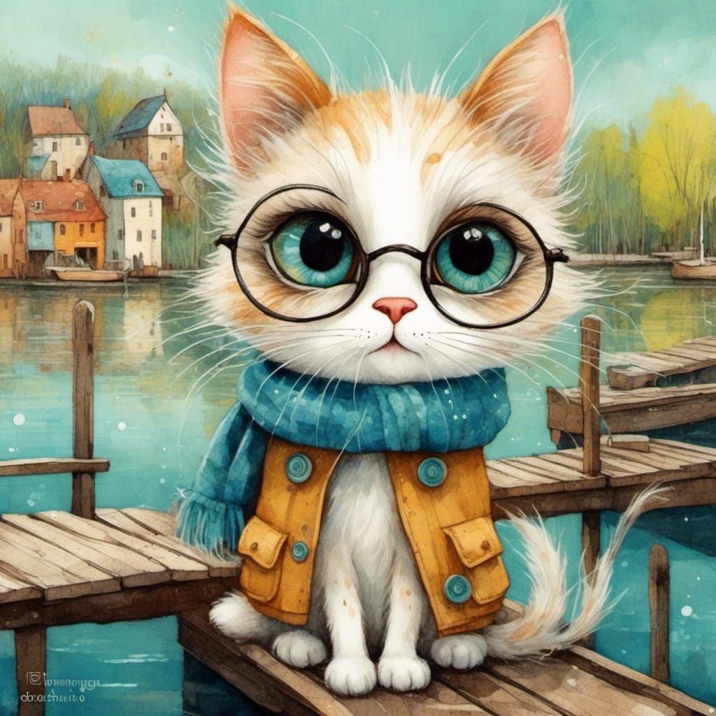 Whimsical Cat with Giant Eyes on Lake Dock