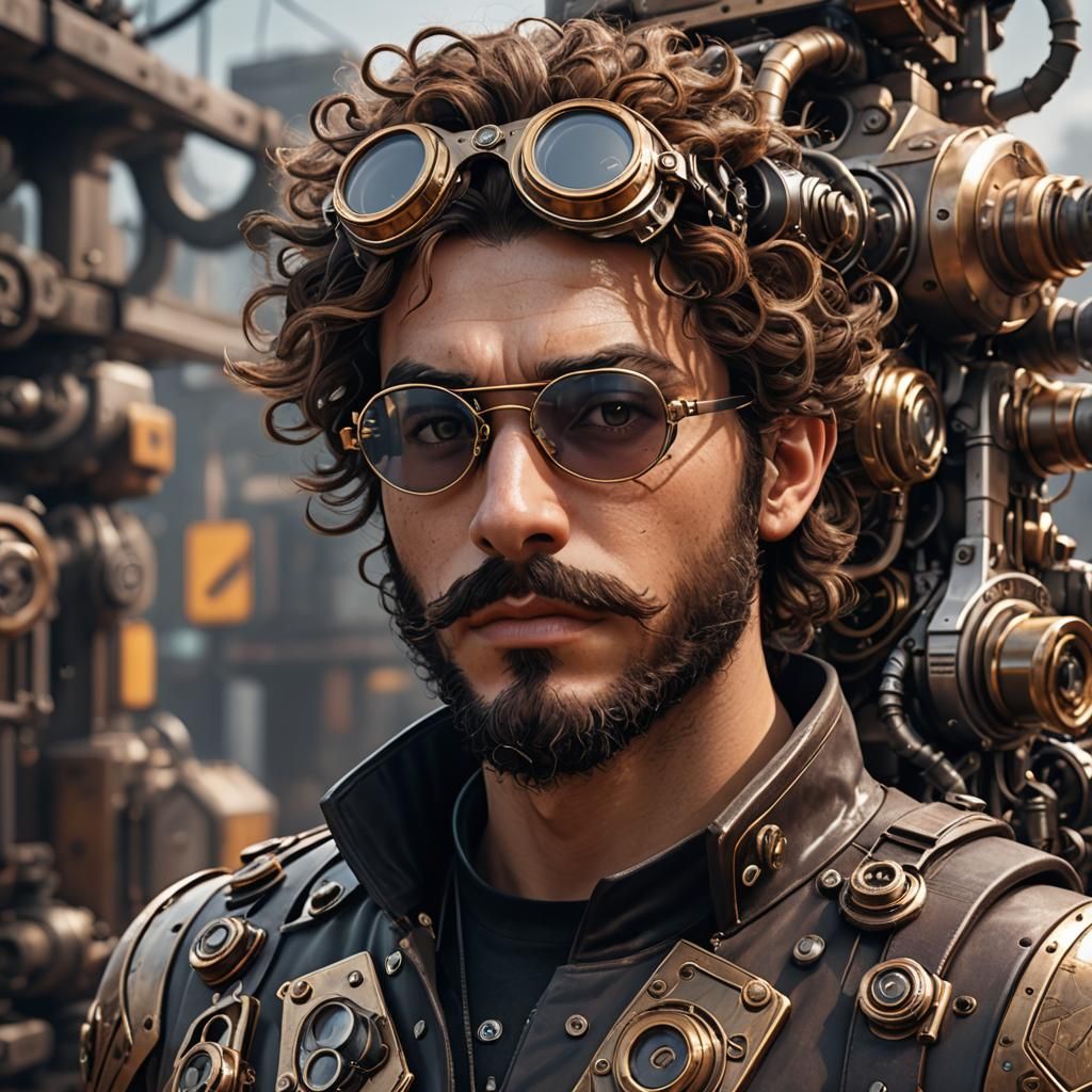 Steampunk Inventor with Goggles in Detailed Sci-Fi Render