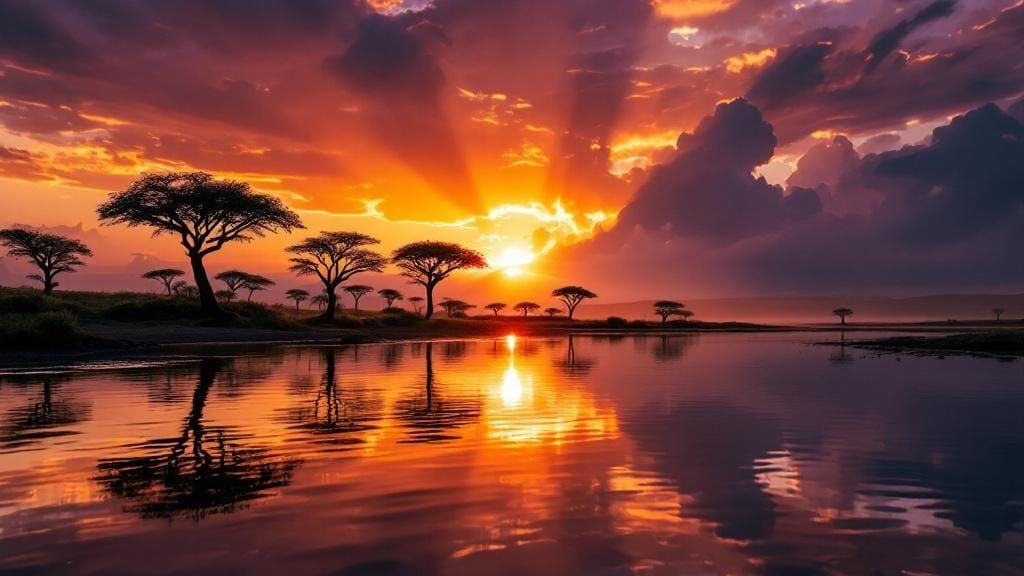African Savanna Sunrise Reflected in Calm Water