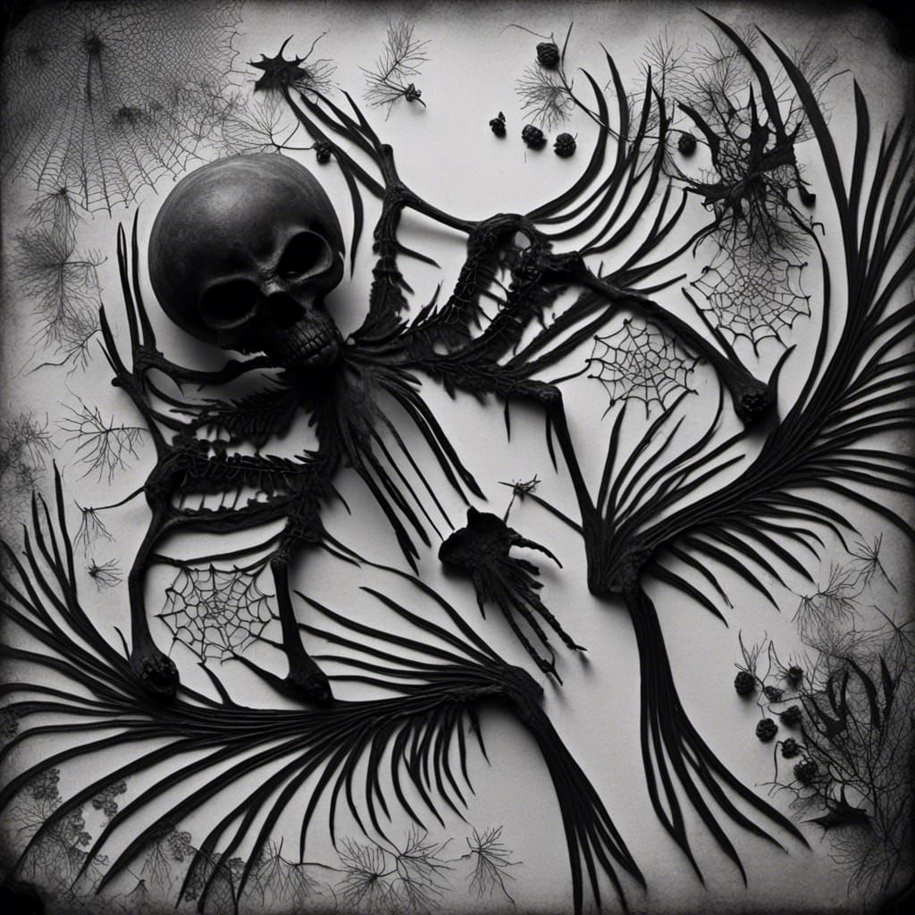 Raven Skeleton Photogram in Abstract Expressionist Style