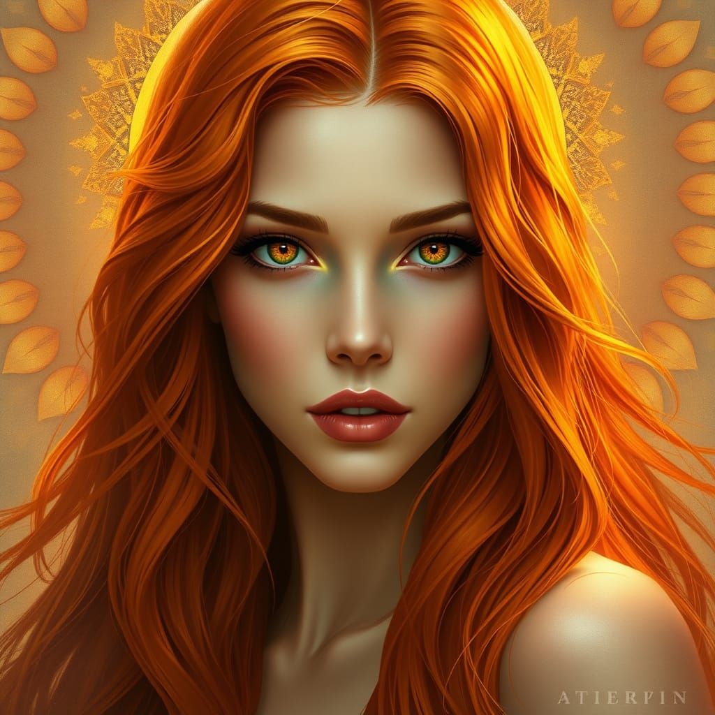 Celestial Woman with Fiery Hair, Art Nouveau Style