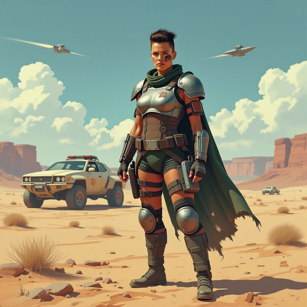 Furiosa in Barren Wasteland, Stylized Dystopian Art