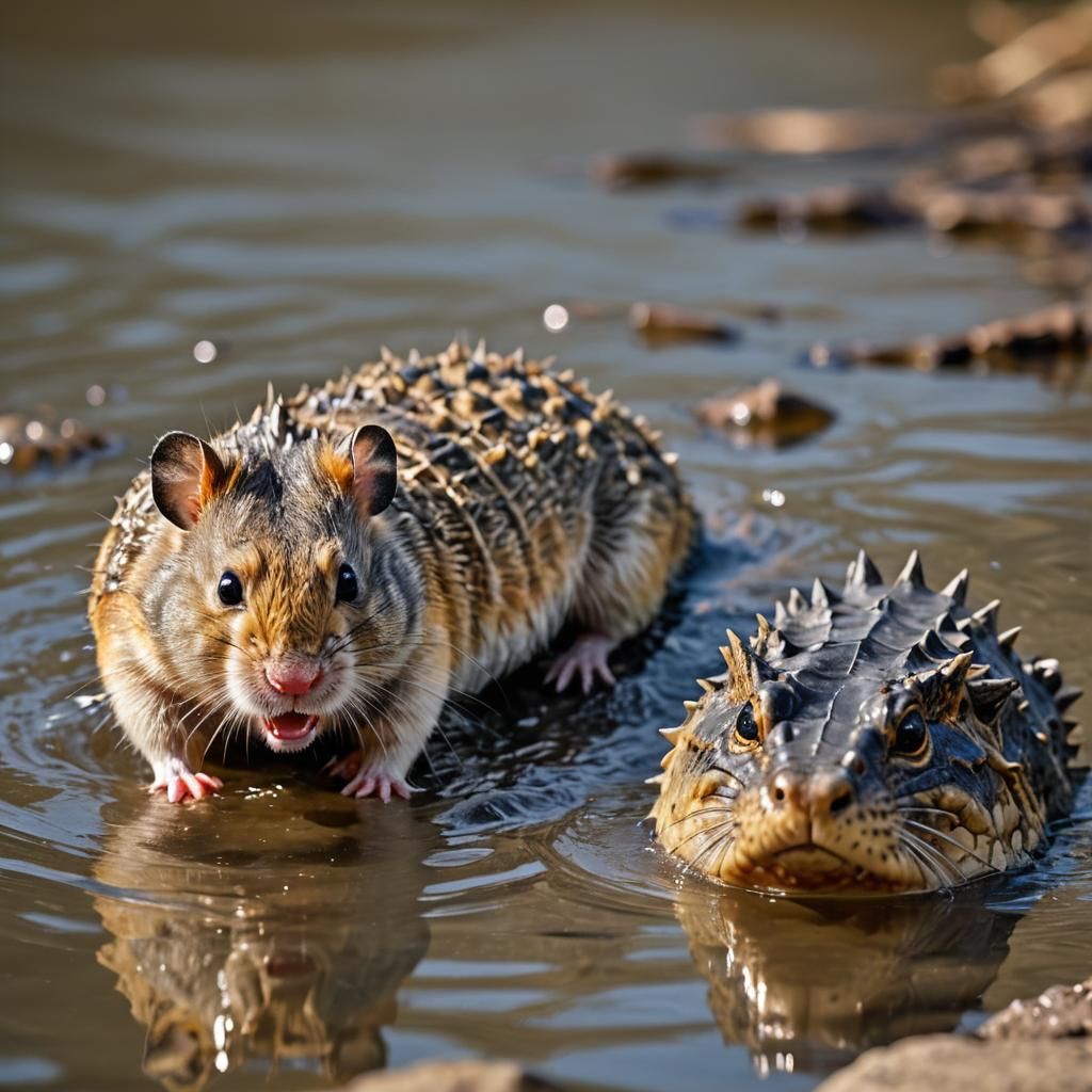 Hamster Confronts Crocodile: Wildlife Photography Portrait
