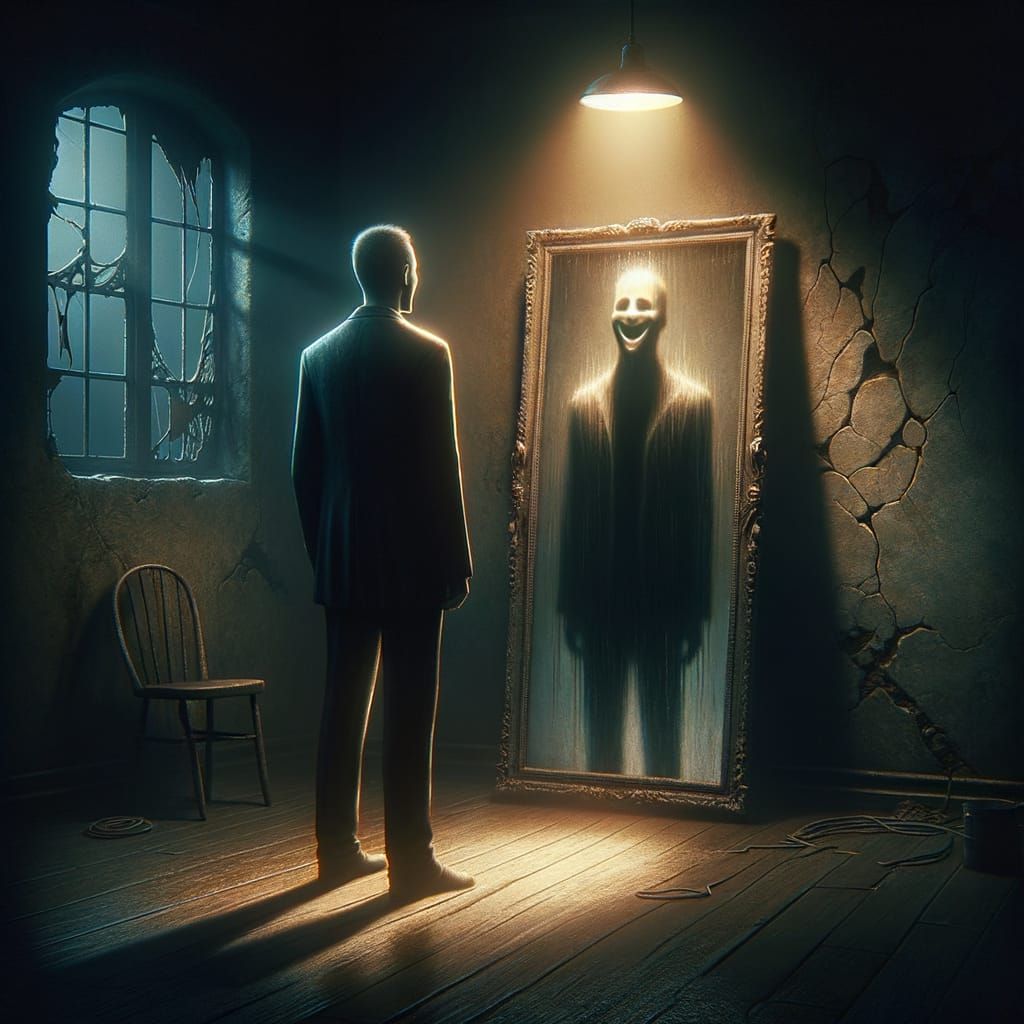 Faceless Man in Dim Room, Mirror Reveals Smile