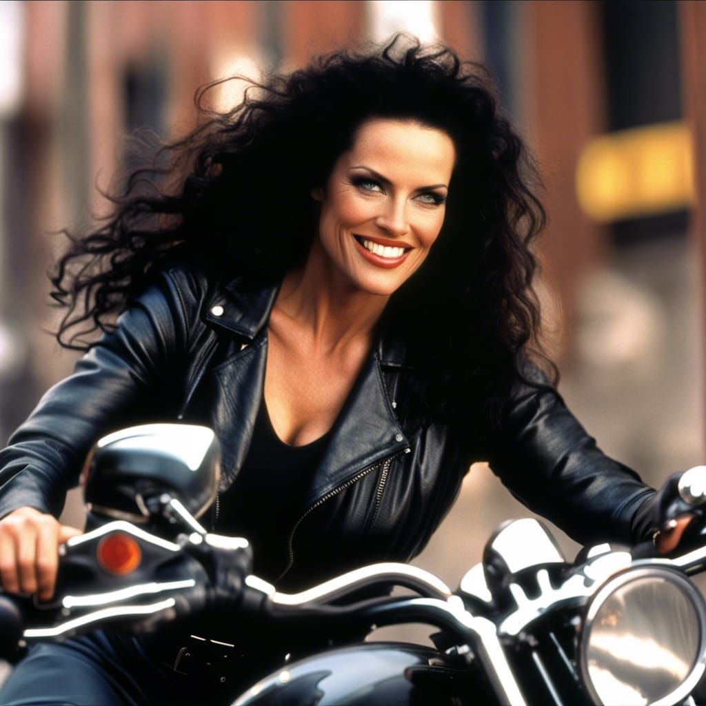 Woman in Leather Rides Harley Davidson Motorcycle