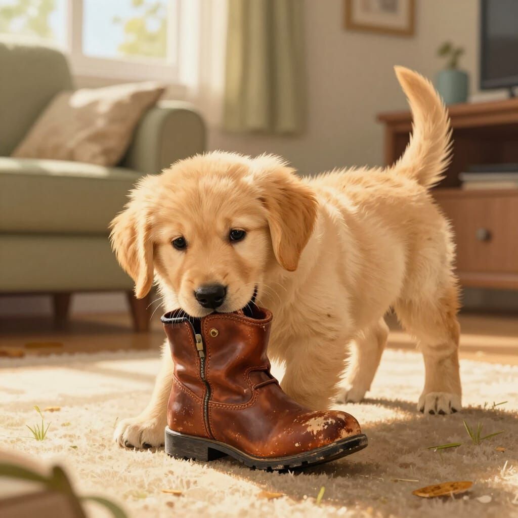 Golden Retriever Puppy Chews Boot in Storybook Style