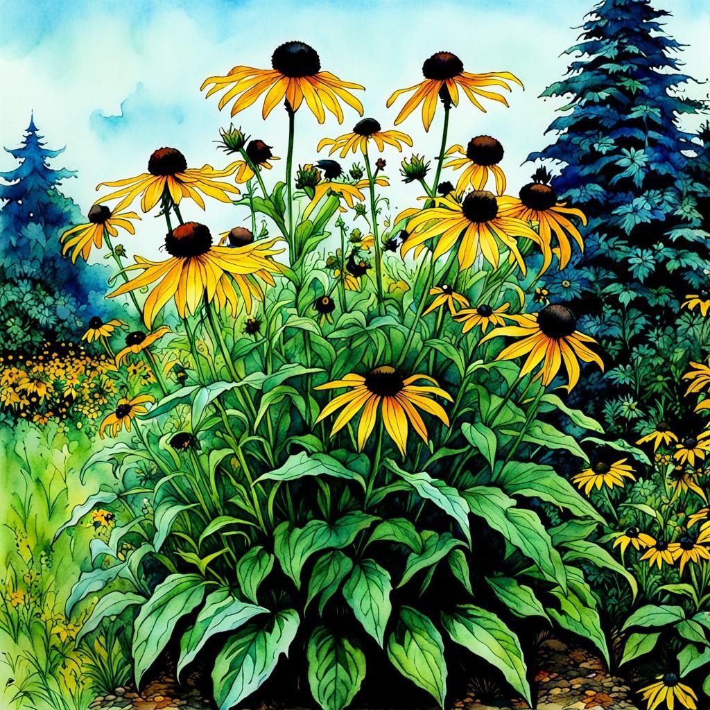 Black-Eyed Susans: Watercolor Garden Scene
