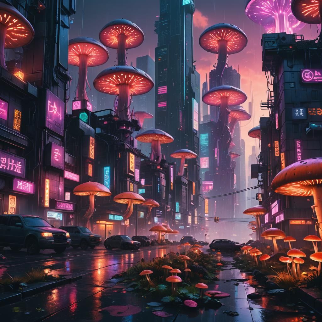 Cyberpunk Cityscape with Giant Mushrooms in Neon Glow