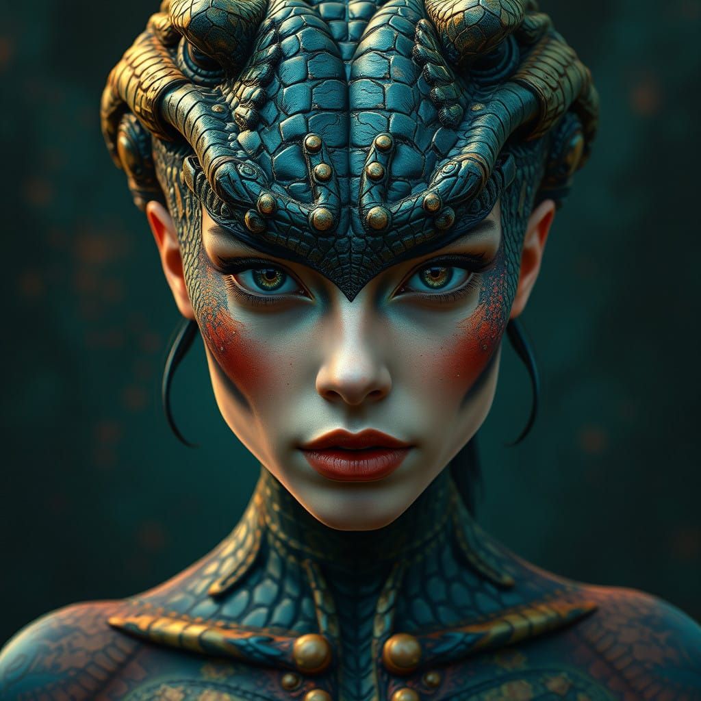 Surreal Fantasy Woman with Crocodile Skin and Piercing Eyes