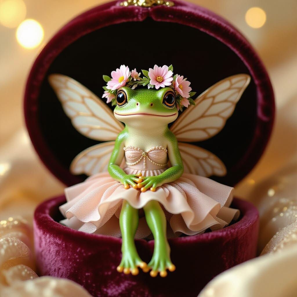 Frog Fairy in Velvet Pocket, Whimsical Art