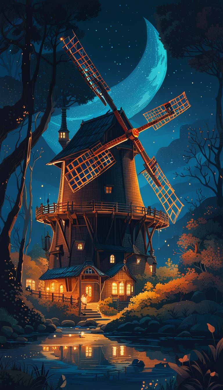 Fantasy Windmill at Night in Watercolor Style