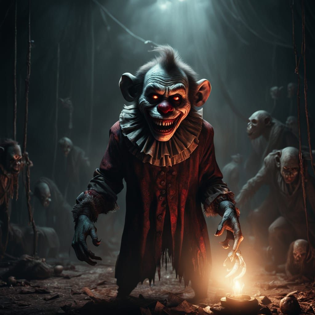 Cinematic Portrait of a Grinning Zombie Monkey Clown Baby