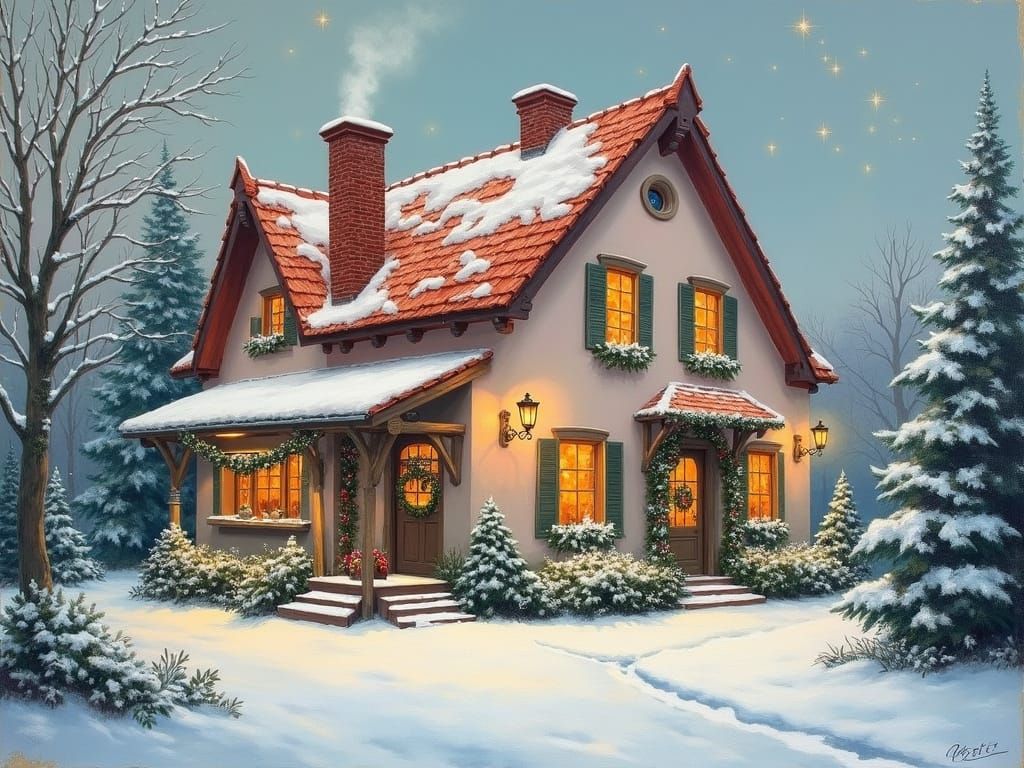 Charming Snow-Covered House in Rustic Oil Painting Style