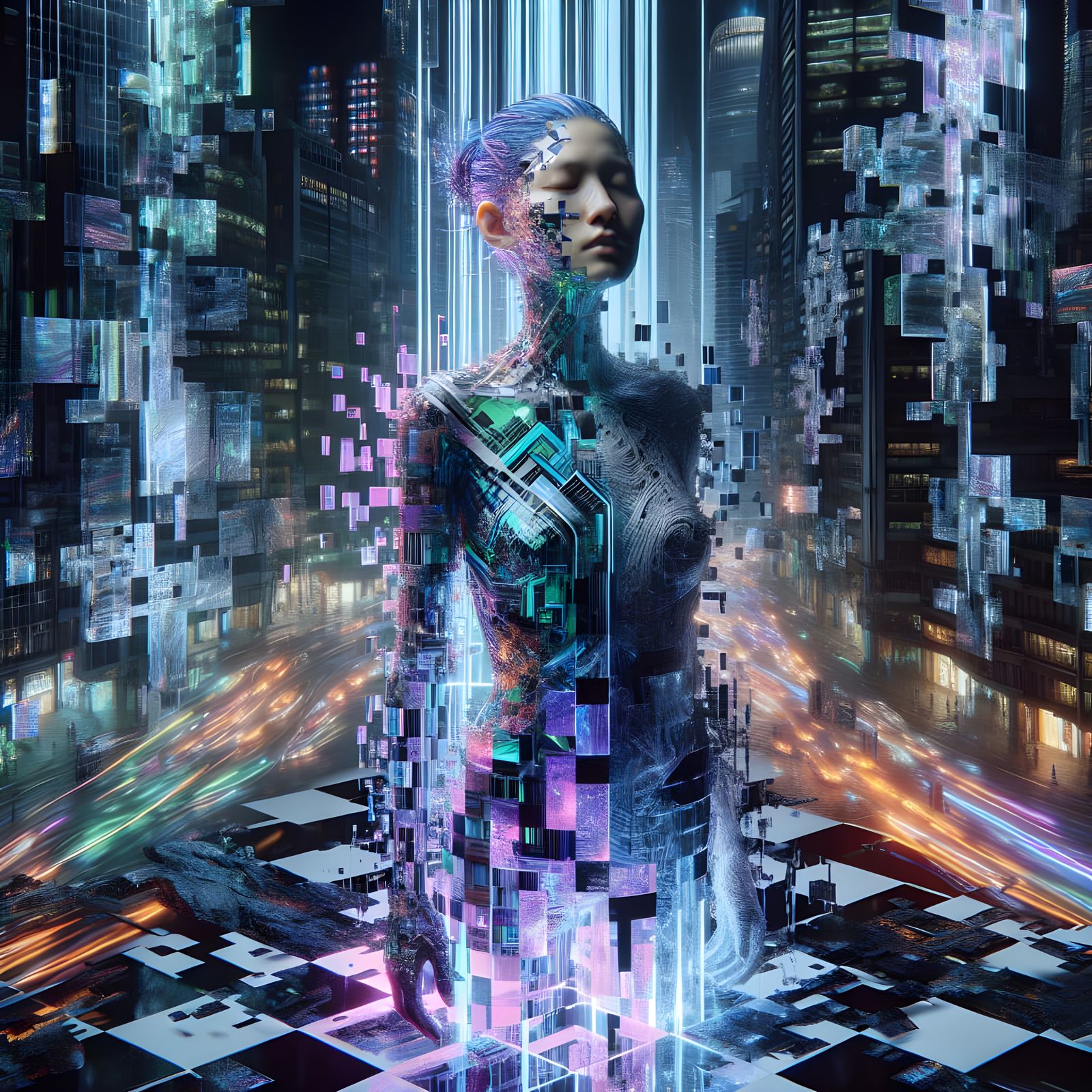 Hyperrealistic Fractured Goddess Emerges from Neon Labyrinth