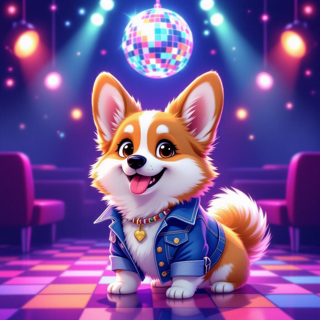 Fluffy Corgi in 80s Disco Club