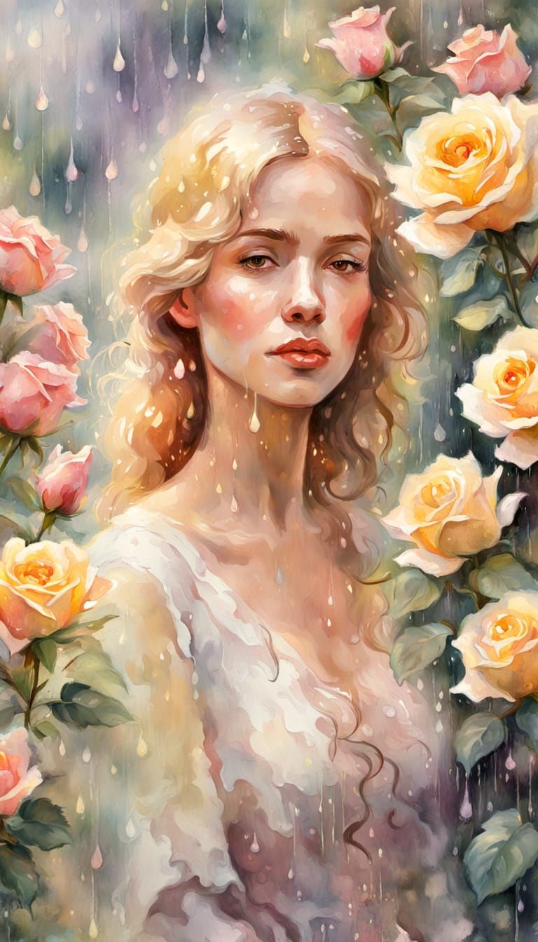 Rainy Garden in Soft Pastel Hues